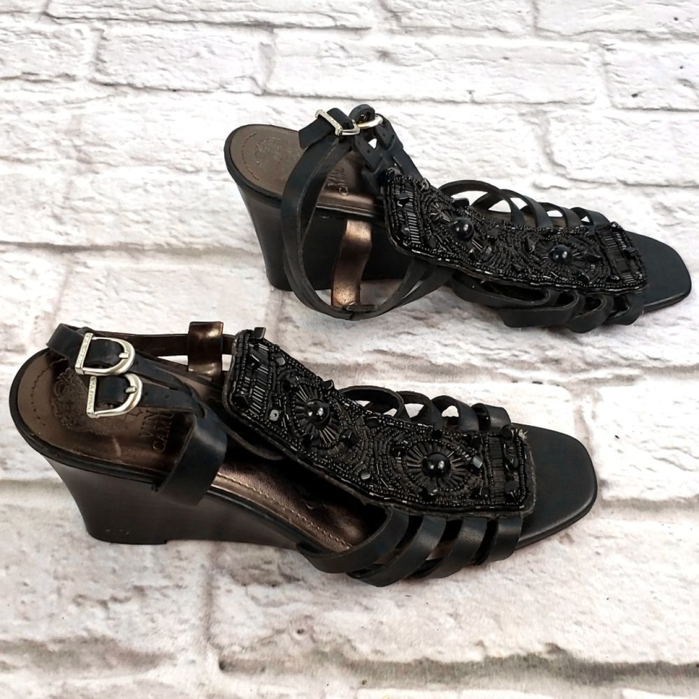 Vince Camuto Black Leather Embellished Wedge Sandals Womens 8.5 Beaded Gladiator - Picture 6 of 7